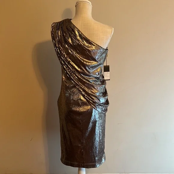 Tadashi Shoji One- Shoulder Gold Sequin Ruched Dress Size: 6